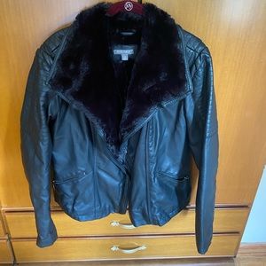Leather jacket with faux fur trim